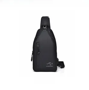 Detailed front view of black waterproof chest bag with vertical zipper and USB port
