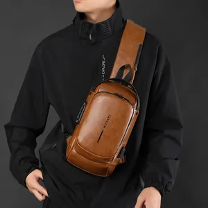 Sac de poitrine marron en cuir pour homme avec port USB et serrure antivol à combinaison