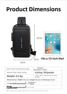 Size guide for men's chest bag showing dimensions and 7.9-inch iPad compatibility detail
