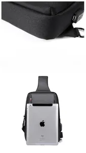 Detail of oxford fabric chest bag with USB port and iPad size comparison view