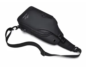Detail of waterproof men's sling bag with integrated USB port and matte finish surface