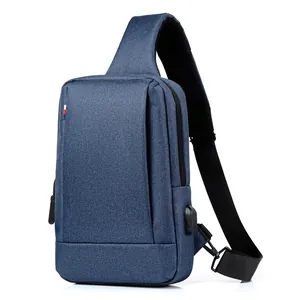 Navy blue oxford fabric chest bag with USB port and breathable mesh strap on white background
