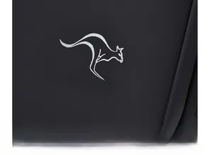 Close-up of the silver kangaroo logo and embossed brand text on black leather bag
