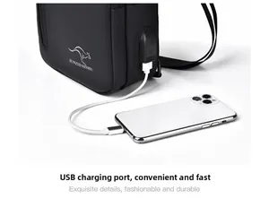 Close-up of waterproof crossbody bag with external USB charging port and connected phone