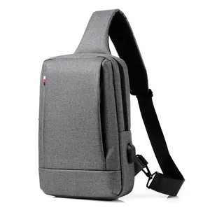 Grey Oxford fabric sling bag for men with external USB port and minimalist design