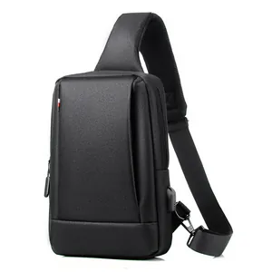 Waterproof black oxford men chest bag with USB charging port and adjustable mesh strap