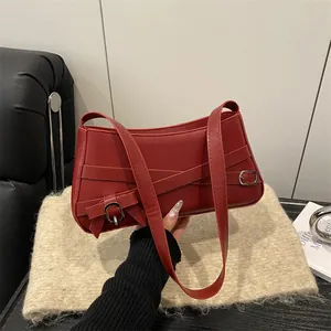 Women Elegant Synthetic Leather Underarm Bag Fashion Bow Cross Strap Shoulder Bag Solid Color Commuter Purse For Women