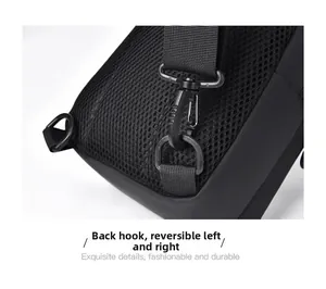 Detail of breathable mesh back with interchangeable hooks for custom shoulder carry strap