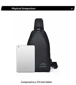 Waterproof men's sling bag with USB port showing size comparison to a 7.9-inch tablet