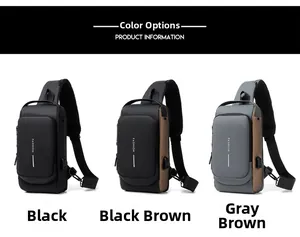 Waterproof chest bags in black, black-brown, and grey-brown showing USB charging port
