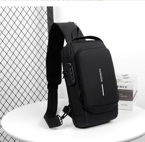 Detailed view of black anti-theft sling bag featuring a 3-digit combination lock on side