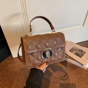 Women Fashion Quilted Small Square Bag PU Leather Diamond Pattern Crossbody Bag With Metal Lock Handle Shoulder Bag For Daily Use