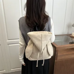 Minimalist beige angel wings backpack with rabbit ears and hoodie drawstring design