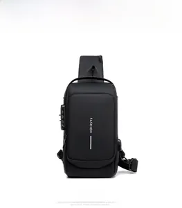 Detail view of water-resistant chest bag with anti-theft combination lock and USB port