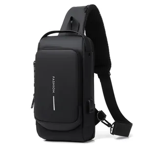 Waterproof black crossbody chest bag for men with USB port and fashion branding