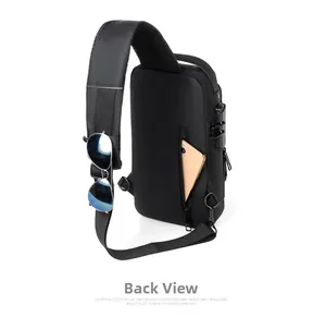 Rear view of waterproof men's sling bag featuring anti-theft zip pocket and combination lock