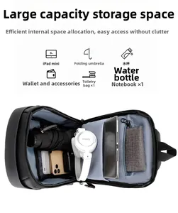 Internal view of waterproof men's sling bag showing large storage capacity and compartments