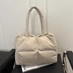 Women Quilted Puffer Tote Bag Soft Cotton Padded Shoulder Bag Large Capacity Solid Color Commuter Handbag For Daily Casual