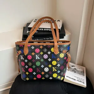 Women Large Capacity Tote Bag PU Leather Monogram Print Fashion Shoulder Bag For Daily Commute Work Retro Handbag