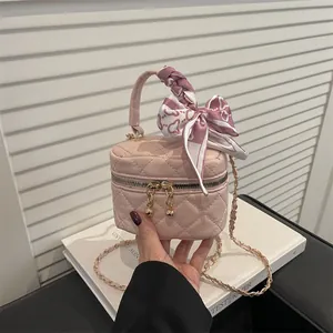 Women Mini Quilted Rhombus Crossbody Bag With Satin Scarf Decor Gold Chain PU Leather Shoulder Bag Luxury Vanity Case Purse