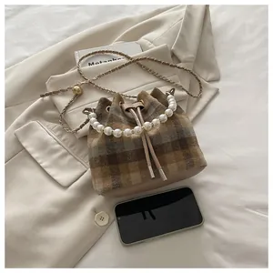 Detail of plaid bucket bag featuring pearl handle and gold ball chain strap on soft fabric