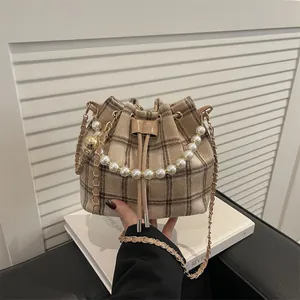 Vintage Plaid Woolen Bucket Bag With Faux Artificial Pearl Handle And Metal Chain Strap Women's Retro Checkered Drawstring Crossbody Bag