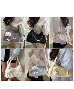 Detailed grid view showing six colors of crescent shoulder bags with pearl and metal chains