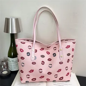 Fashion Lip Print Large Capacity Tote Bag For Women PU Leather Litchi Texture Shoulder Bag Handbag Rivet Decor Daily Casual Bag