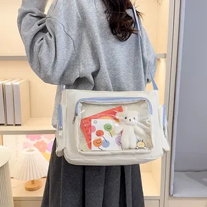 Japanese style Ita-bag crossbody with transparent window and blue straps worn by model