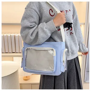 Detail view of the light blue ita bag with transparent window and zipper side pocket
