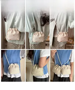 Model showcasing straw bucket bag with daisy embroidery in various casual outfits