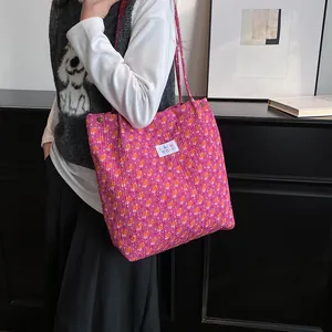 Grand sac cabas en velours côtelé à fleurs avec imprimé floral rose pour le printemps