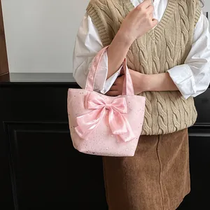 Bolso tote de lona rosa con gran lazo de satén y estrellas plateadas para mujer