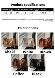 Spécifications détaillées d'un sac cabas rétro en similicuir avec cinq options de couleur