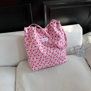 Grand Sac Cabas en Polyester pour Femmes Style Coréen Imprimé Floral Texture Plissée Sac à Épaule Quotidien Rose Violet Rouge Rose