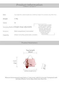 Detailed size specifications for the pink PU leather shoulder bag with dimension labels