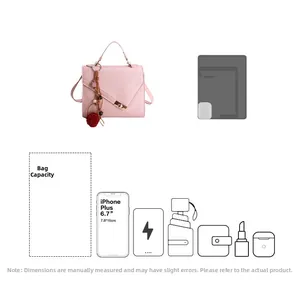 Pink PU leather handbag capacity display with size comparison and geometric stitching