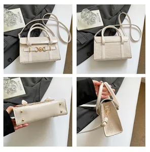 Detailed four-way views of crocodile-embossed handbag with metal buckle and base studs