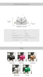 Detailed size chart and five color options for this retro PU leather crossbody square bag