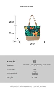 Detailed size chart for tropical canvas tote bag showing precise dimensions and material