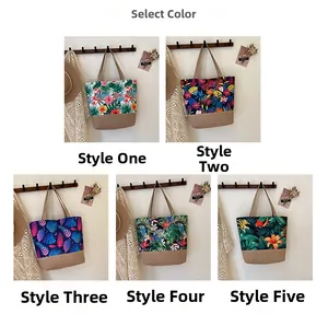 Selection of canvas tote bags with tropical prints and linen textures for summer