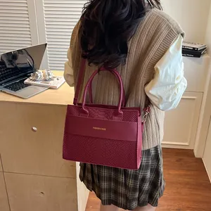 Chic burgundy crocodile texture tote bag for women with handles and long shoulder strap