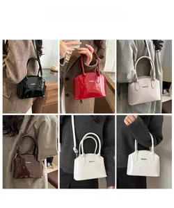 Collage of glossy patent leather handbags in various colors shown on female models