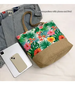 Size comparison showing tropical tote bag holding an iPad and smartphone inside