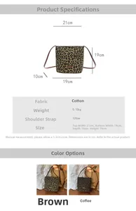 Detailed view of leopard print bucket bag with size chart and strap length info