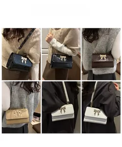 Four elegant crocodile texture chain crossbody bags in classic colors worn by models