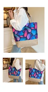 Detail of large canvas tote bag featuring tropical leaf patterns and jute patchwork
