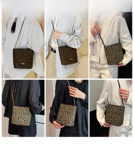 Detailed views of leopard print bucket bag with leather strap on different outfits