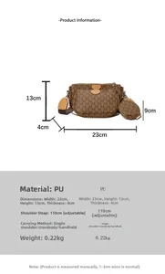 Detailed dimension guide for three-in-one brown PU crossbody bag with M-letter print