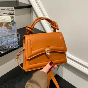 Women Minimalist PU Leather Small Square Handbag With Knot Handle Golden Metal Lock Crossbody Shoulder Bag Fashion Commute Bag